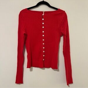 Free People Red Ribbed Button-Down Shirt